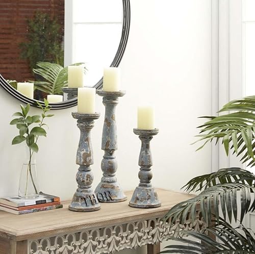 Portavelas de madera rústico gris de 3 piezas, candelabros de madera de granja, candelabros de pilar cónico