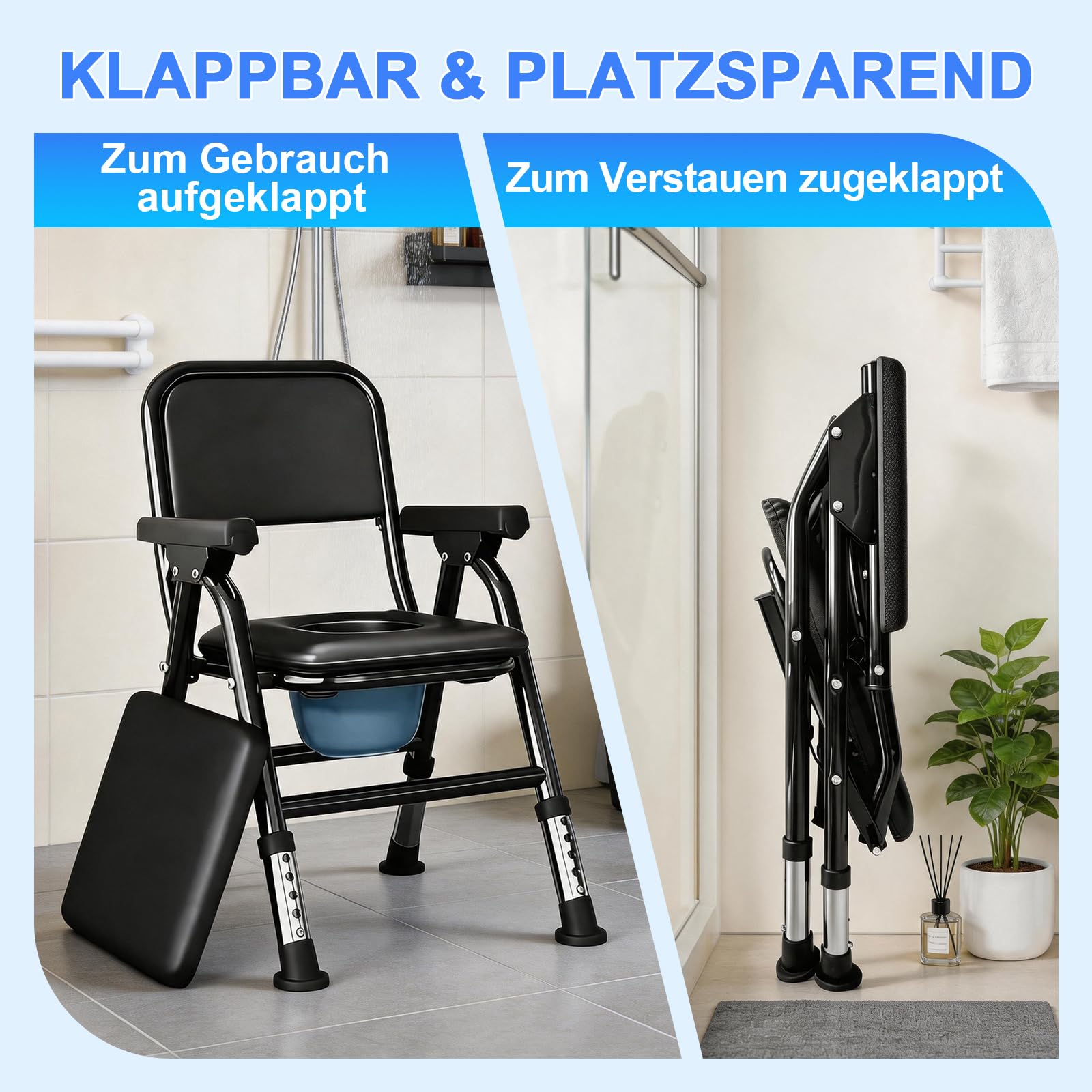 Toilettenstuhl für Senioren, Höhenverstellbaren Klappbar WC Stuhl Toilettenstühle mit Gepolsterter Sitzplatte und Toiletteneimer, Tragbar Duschstuhl Tragfähigkeit 150kg