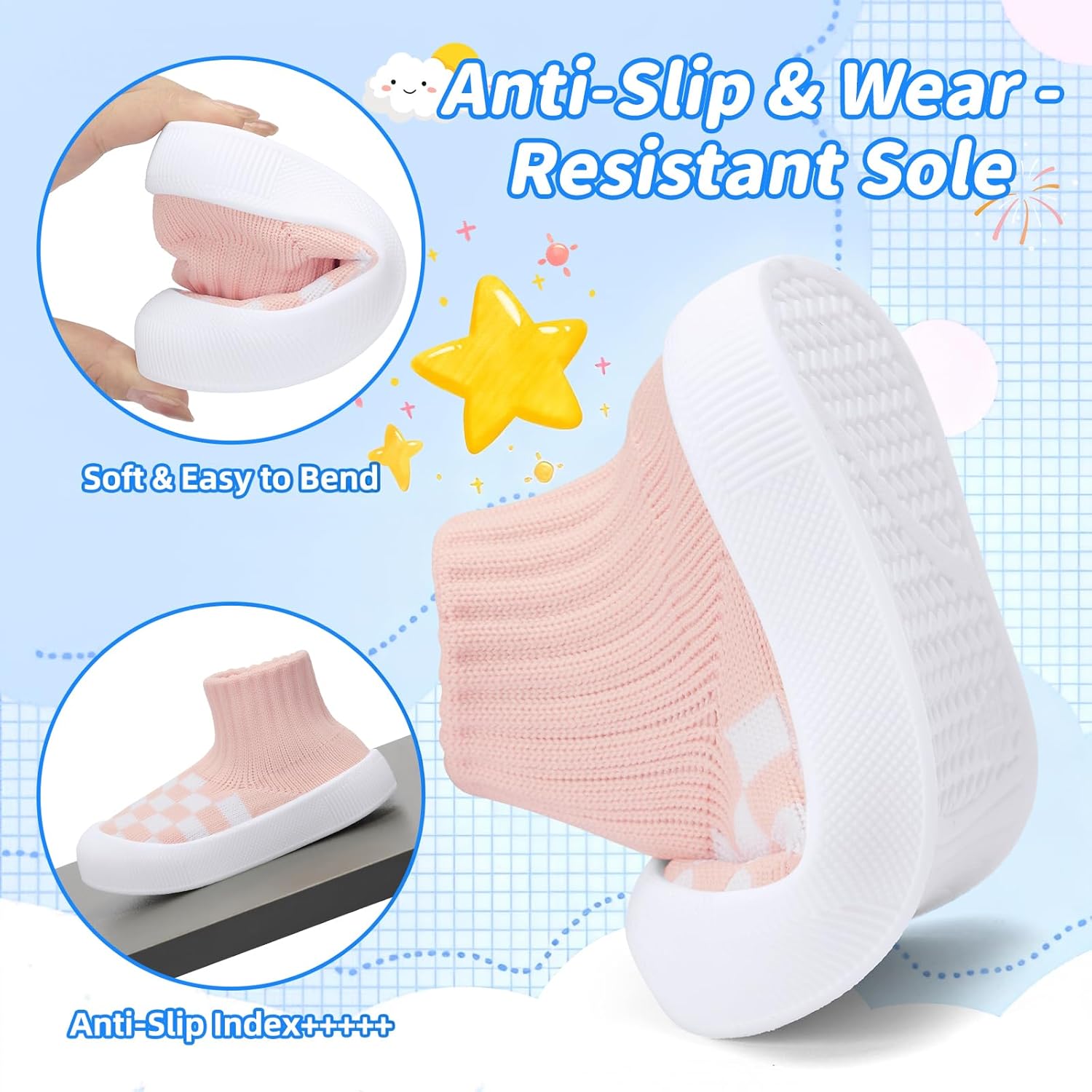 BACSAC Baby Boy Girl Sock Shoes Infant & Toddler Walking Shoes High Top with Knitted Checkered Upper Anti Collision Non-Slip Design Elastic Breathable for Indoor Outdoor 6-36 Months - Image 5