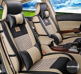 Amooca VTI Universal Front Rear Car Seat Cushion Cover Black&Beige 10pcs Full Set Needlework PU Leather - coolthings.us
