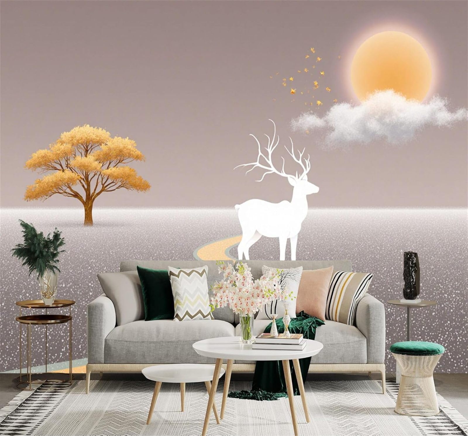 Xlming 150Cm×105Cm(B×H) Golden Trees White Deer Sunset Path Landscape 3D Wallpaper Silky Texture Home Study Office Grey Dining Room Sofa Bedroom Living Room Tv Backdrop-150Cm×105Cm