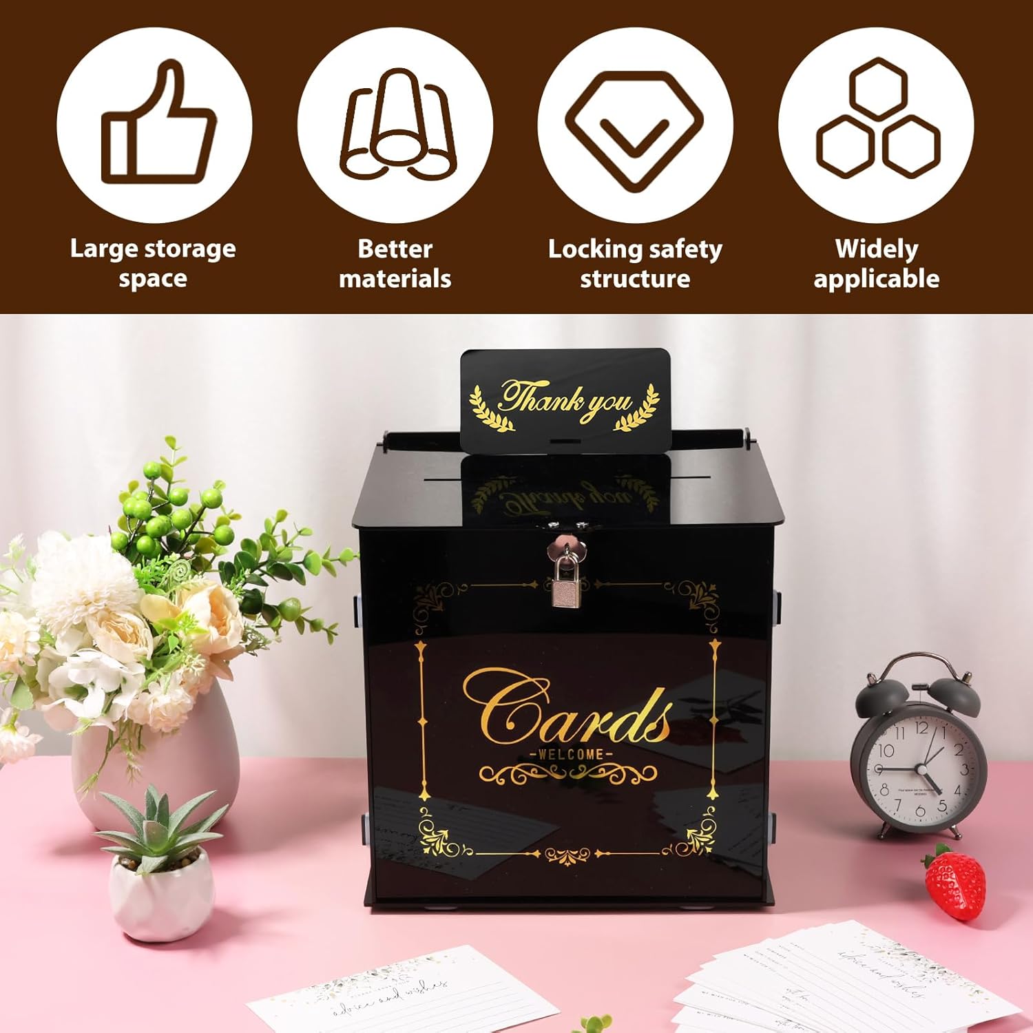 Acrylic Card Box Transparent Envelope Box Large Capacity Party Card Case Secure Locking for Party Anniversary(black,1 set)
