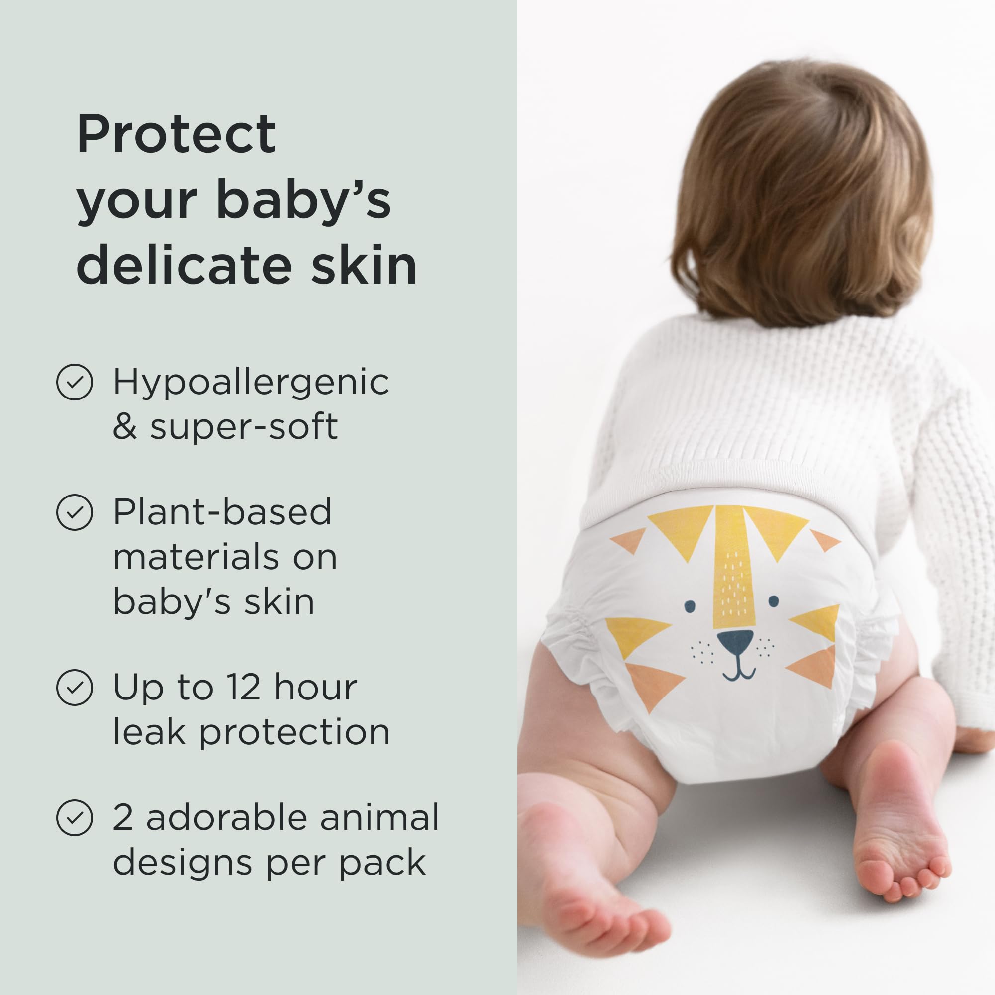Kit & Kin Ekologiczne i zrównoważone pieluchy dla niemowląt klasy premium, hipoalergiczne, z warstwą o wysokiej wydajności, wegańskie i wolne od chloru, doskonała ochrona przed wyciekiem, rozmiar