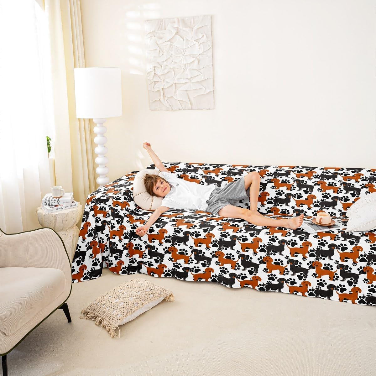 jejeloiu Dachshund Furniture Slipcovers Non-Slip Puppy Dog Sofa Covers Washable Cute Cushion Couch Covers for Dogs Cats Pets Kawaii Pet Sectional Cat Scratch Couch Protectors Black Brown,91" X118"