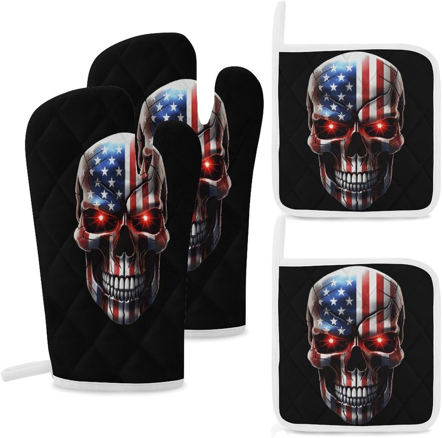 U.S Flag Skull 4 Pcs Oven Mitts and Pot Holders Set High Heat Resistant Long Kitchen Oven Glove Potholders