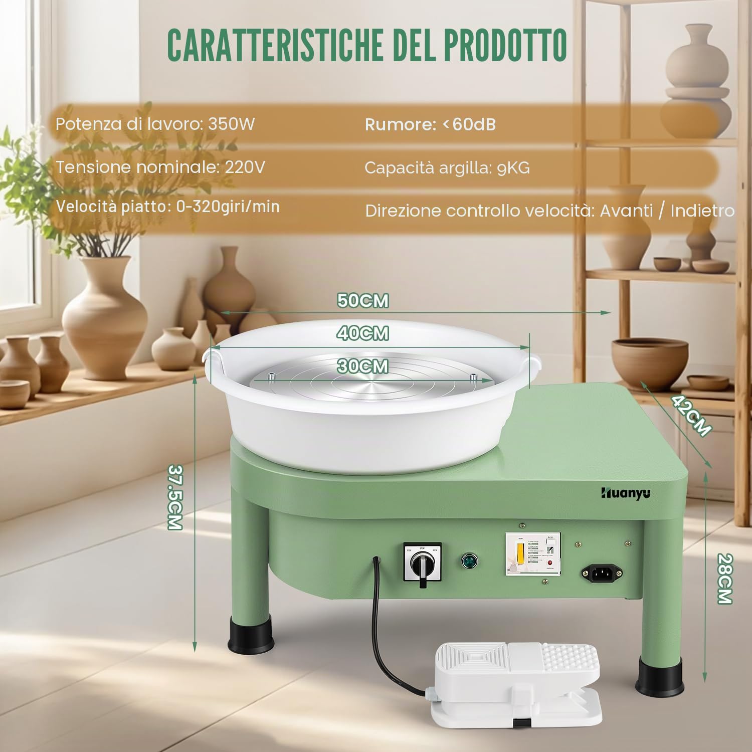 Huanyu 30cm tornio per Ceramica con Sistema a Pipistrello 350W tornio Elettrico per Adulti e Principianti tornio Professionale per ceramisti con Kit di Strumenti per Ceramica (Verde)