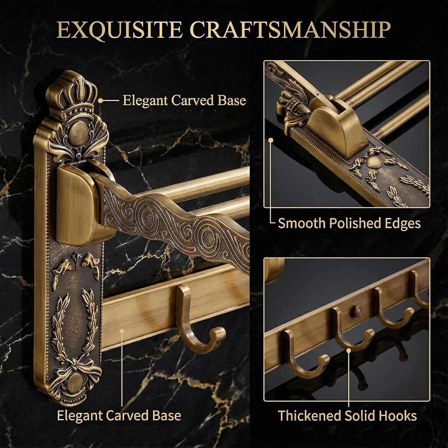 Antique Brass Towel Bar for Bathroom, Wall Mounted Vintage Towel Holder with Hooks, Adjustable Aluminum Bathroom Accessories Rack