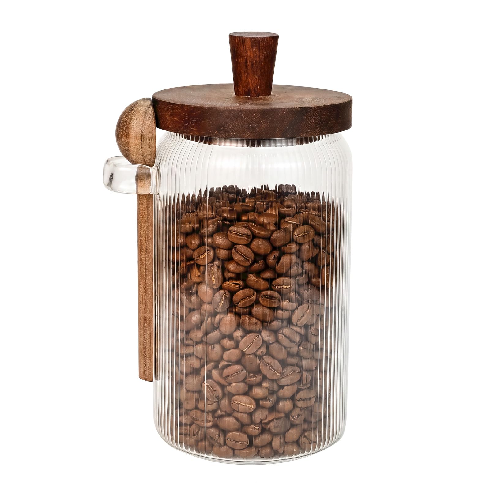 Glass Coffee Canister with Wooden Lid and Spoon, 900ml Airtight Storage Jar | Food Container for Coffee, Tea, Sugar and Salt, Fresh Keeper, Wide Mouth, Space-Saving Kitchen Canister for Countertop