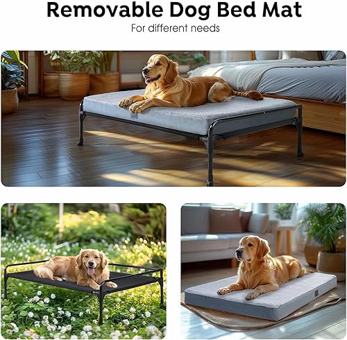 Miniatura 5 de Veehoo Cama elevada para perros + alfombrilla extraíble para perro, cama grande para mascotas, barandilla de tres lados para mascotas, cuna elevada