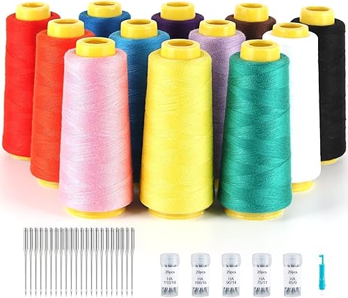 ilauke Hilo de coser Overlock y 100 agujas de colores surtidos para patio, bobinas de cono de servidor, 39.4 x 4,921.3 ft hilo de coser
