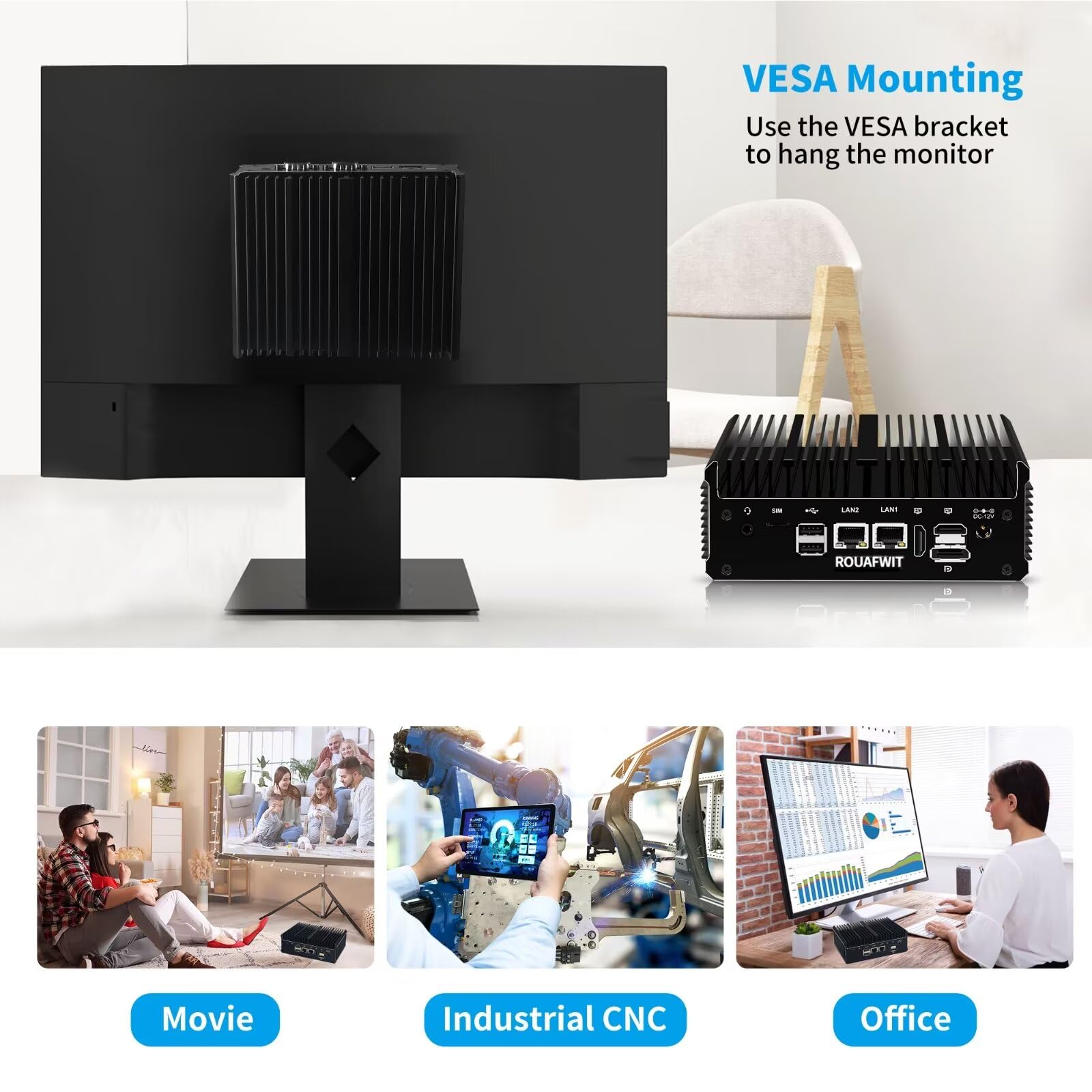 Mini PC Industrial Fanless 12th Gen J6413/J6412, Micro Desktop Ufficio Computer, Dual i226V 2.5GbE Lan, 2 COM, WiFi/BT, 3 Display, Barebone, NO RAM NO Storage