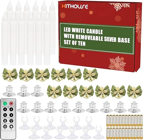 Miniatura 10 de Juego de 12 velas de Navidad para ventana con temporizador, funciona con pilas, velas LED eléctricas sin llama para ventanas, portavelas dorados,