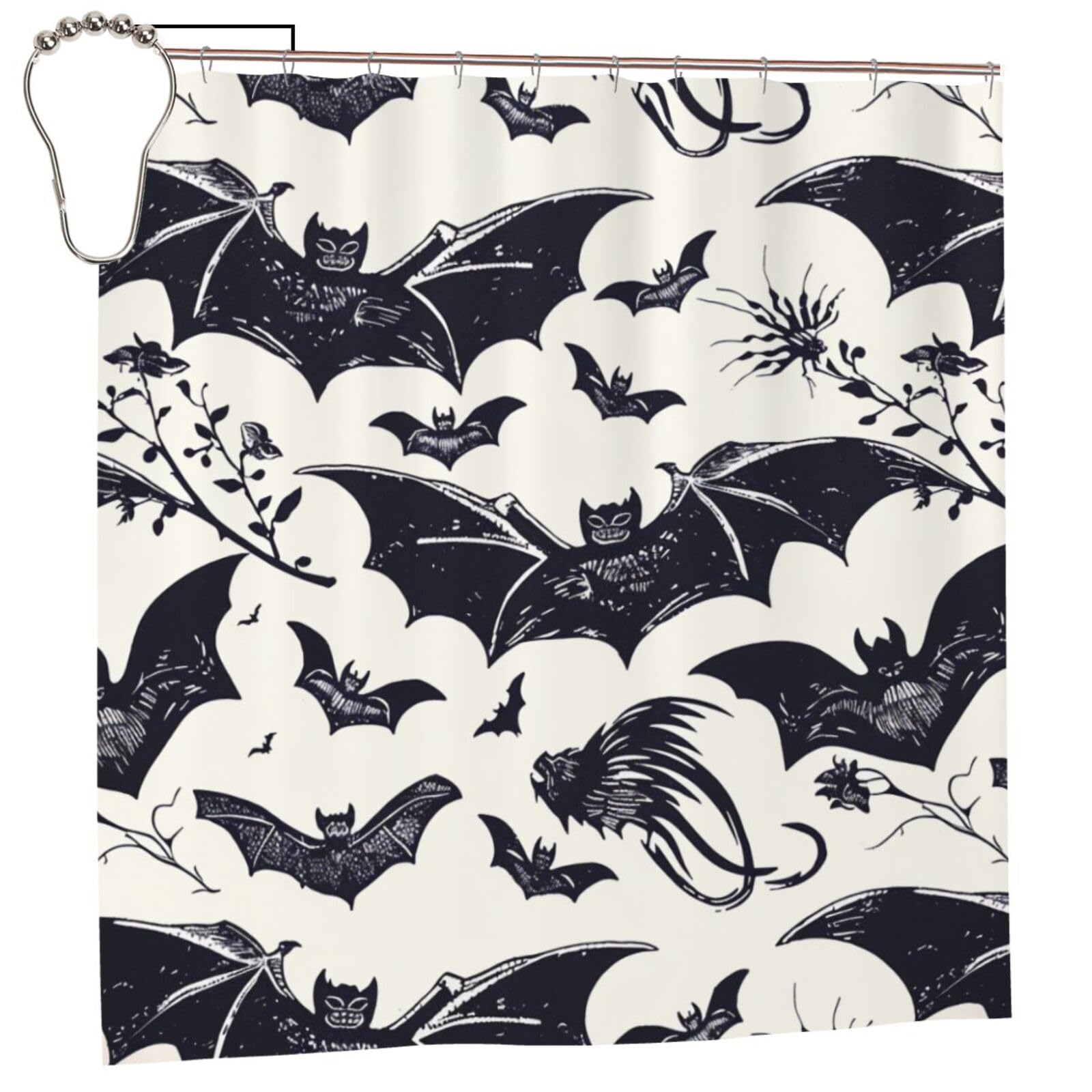 BWWHCCTI Bat pattern Printed Shower Curtain With 12 Iron Hooks Opaque Quick Drying Waterproof Shower Curtains Sets For Bathroom 183x183 CM