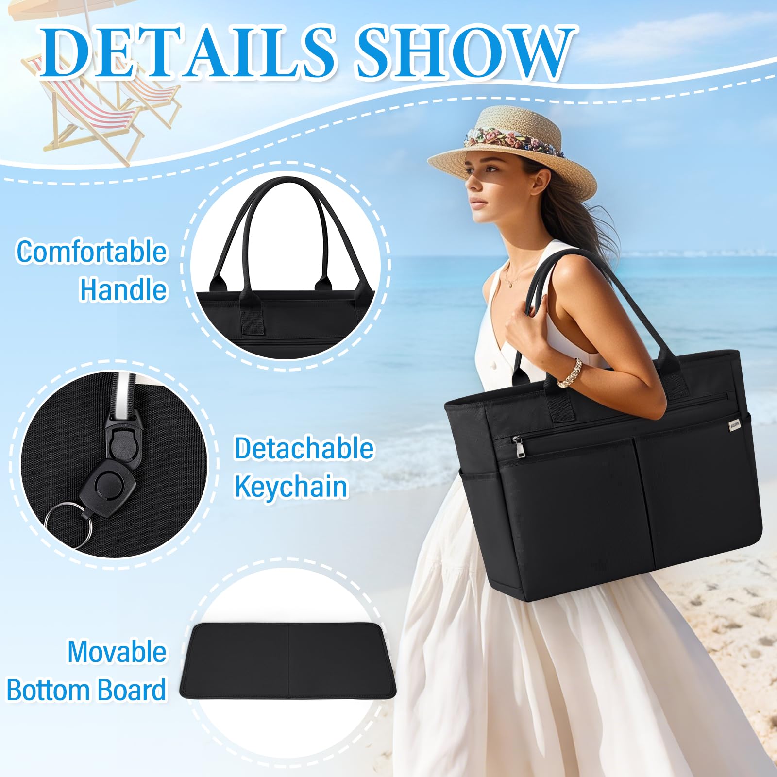 IGOLUMON Bolsa Playa Grande XXL Familiar Shopper Bolso Playa Mujer con Cremallera Bolso De Hombro 40L Bolso de Tote para Playa Viajes Compras Negro