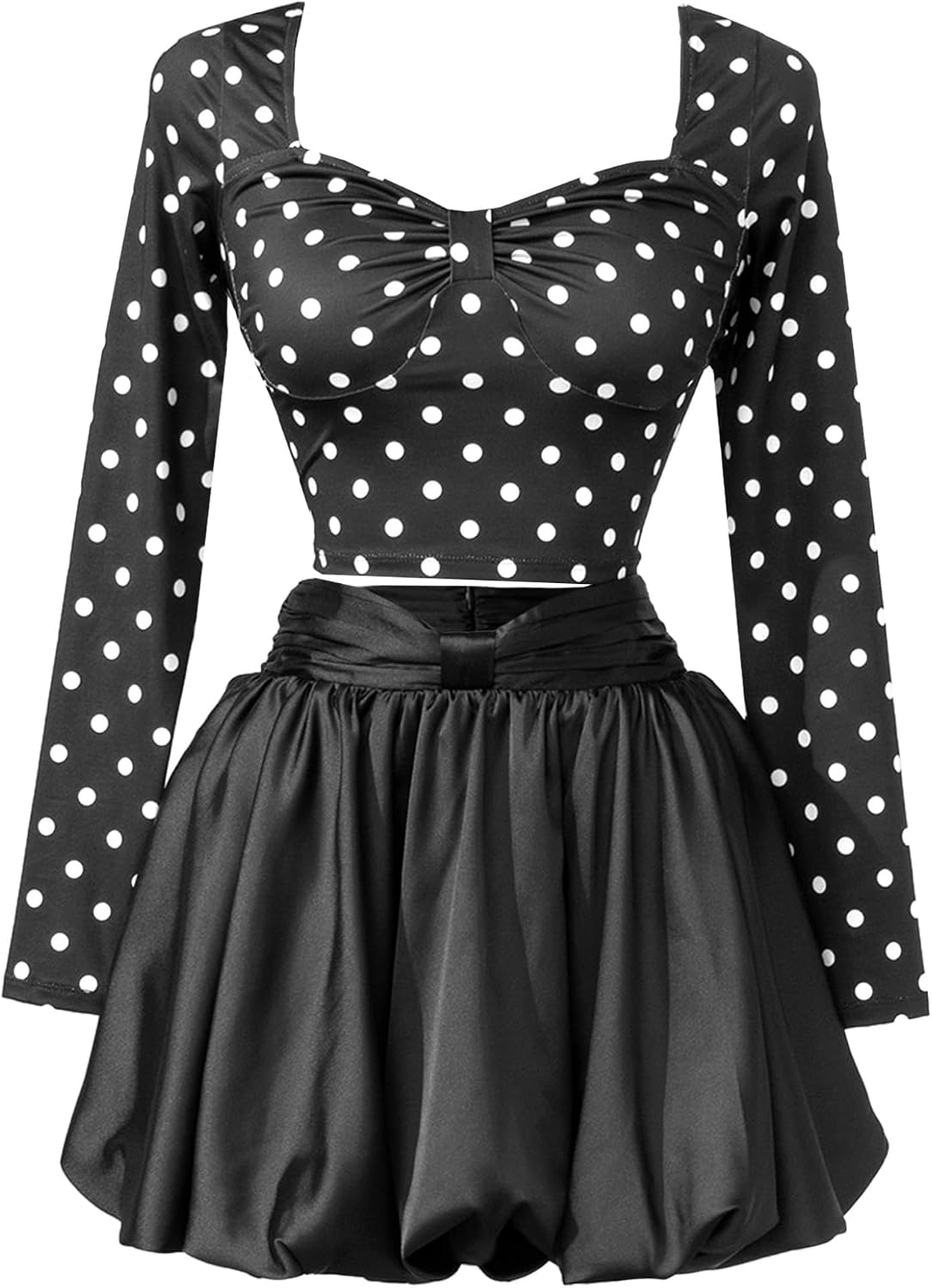XUNZOO Women's Polka Dot Sets Street Look Modern Apparel Black Large | Matched Set,Versatile Clothing,Y2k Polka Dot Skirts,Moderate Stretch,Sweatheart Neck,Crop Top,Trendy Clothing,Street Fashion