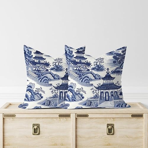 Miniatura 2 de Nanjing - Juego de 2 fundas de almohada asiáticas de pagoda china azul y blanca de 20 x 20 pulgadas, fundas de almohada decorativas rústicas con