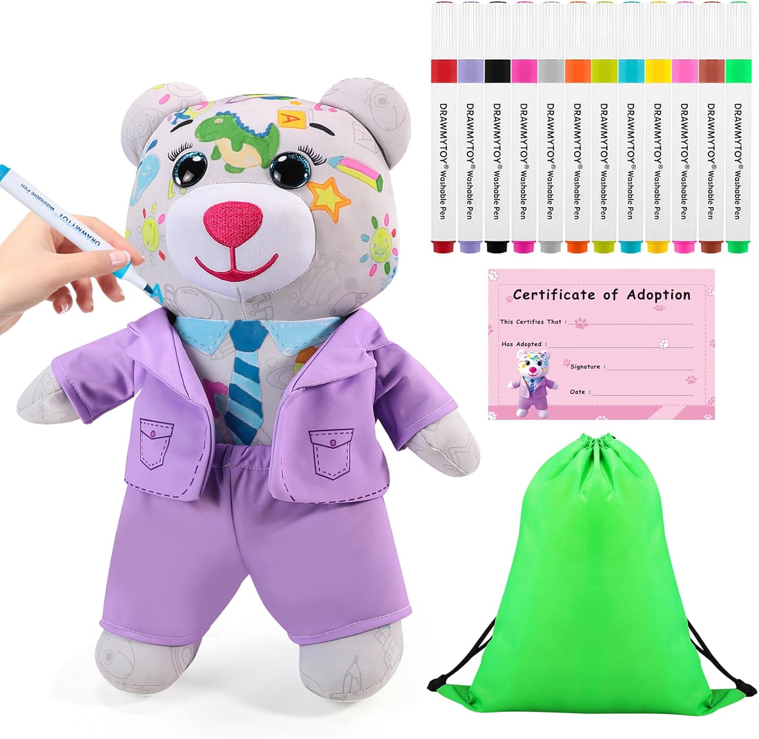 DRAWMYTOY Coloring Plush Toy with 12 Washable Markers for Little Girls Doodle Dolls for Kids Ages 3-8 Birthday Gift Doodle Bear (Purple Suit Bear)