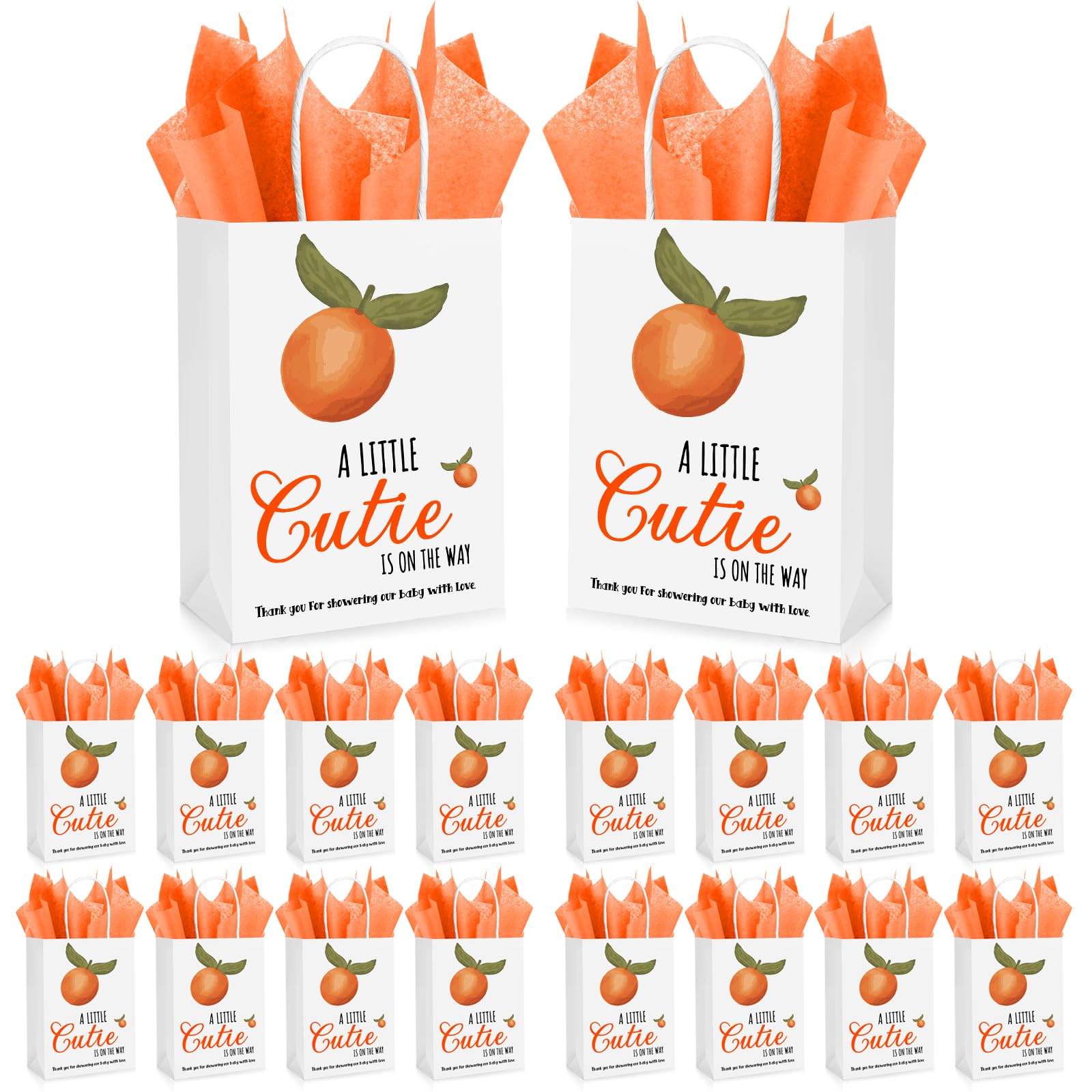 Engrowtic 50 Sets a Little Cutie Is on the Way Baby Shower Favor 50 Little Cutie Gift Bags Orange Gift Bags with Handles and Tissue Paper Little Cutie Baby Shower Decorations for Guests Return Gift