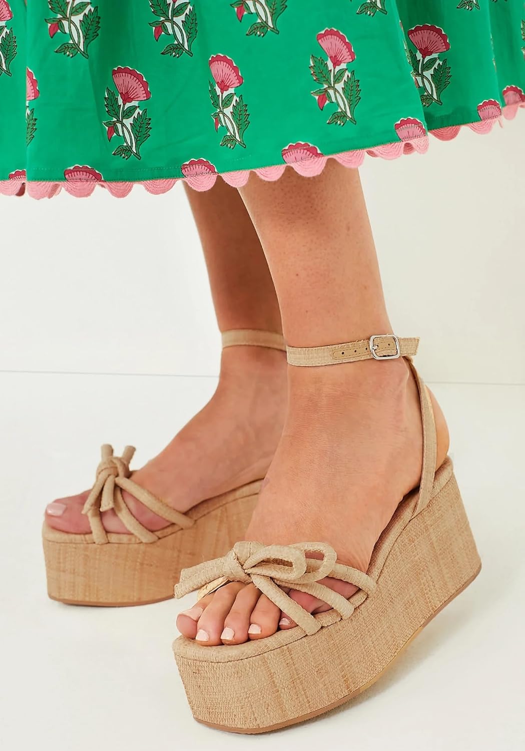 Raffia Platform Sandals for Women,Bow Ankle Strappy Espadrille Wedges Sandals Comfortable Square Open Toe Straw Sandals - Image 4