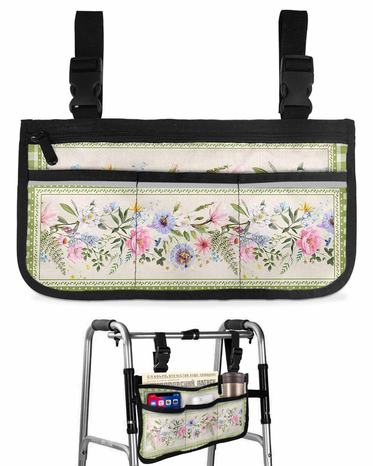 Spring Floral Wheelchair Side Bag Walker Bag, Summer Rustic Flowers Green Plaid Wheelchair Accessories Armrest Pouch, Organizer Storage Bag for Walkers, Rollators, Scooters, 7.3''x13''