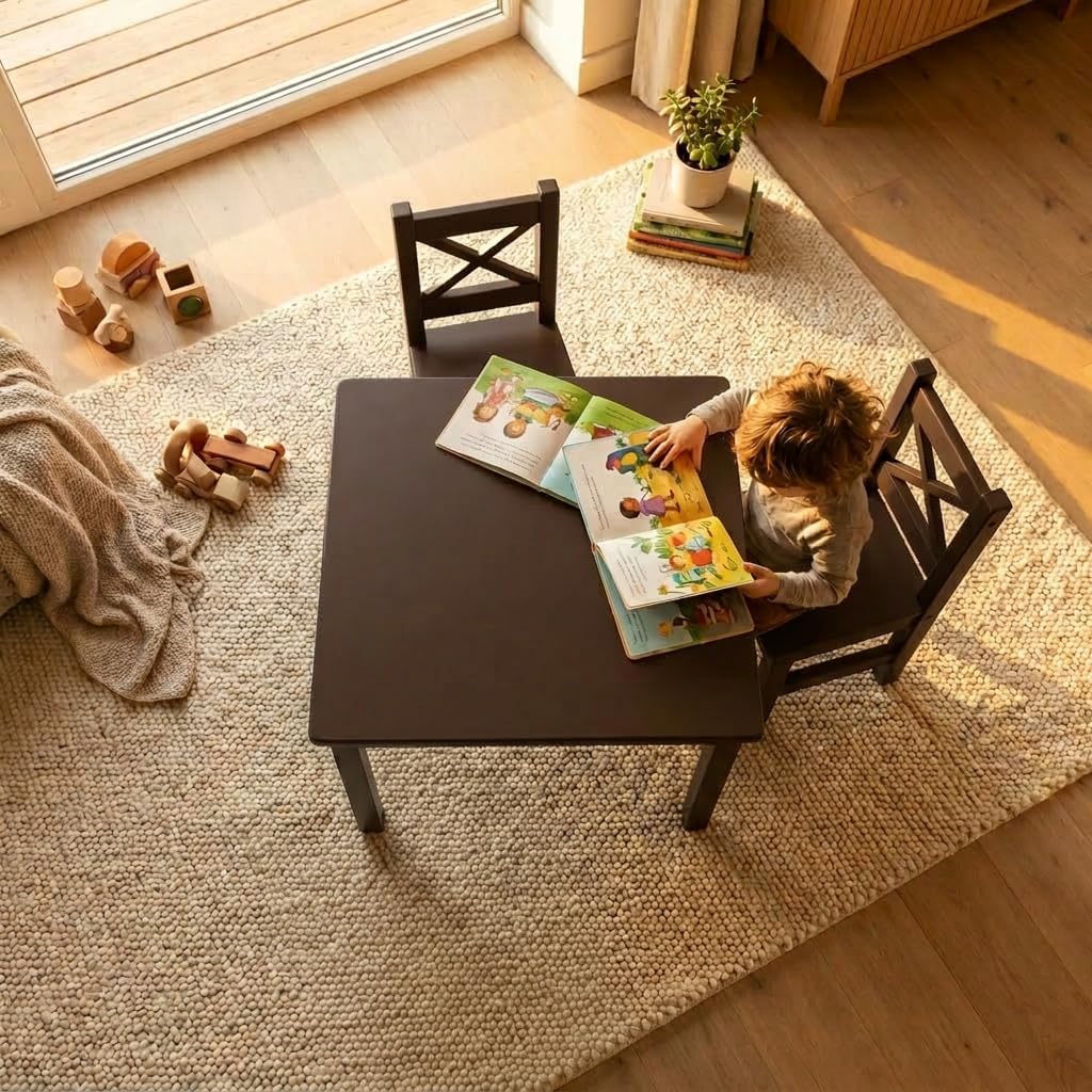 PETIT BATEAU Solid Wood Toddler Kids Table and 2 Chairs Set,Modern Wooden Furniture with Irish Designer for 2-8 Years,DarkWalnut