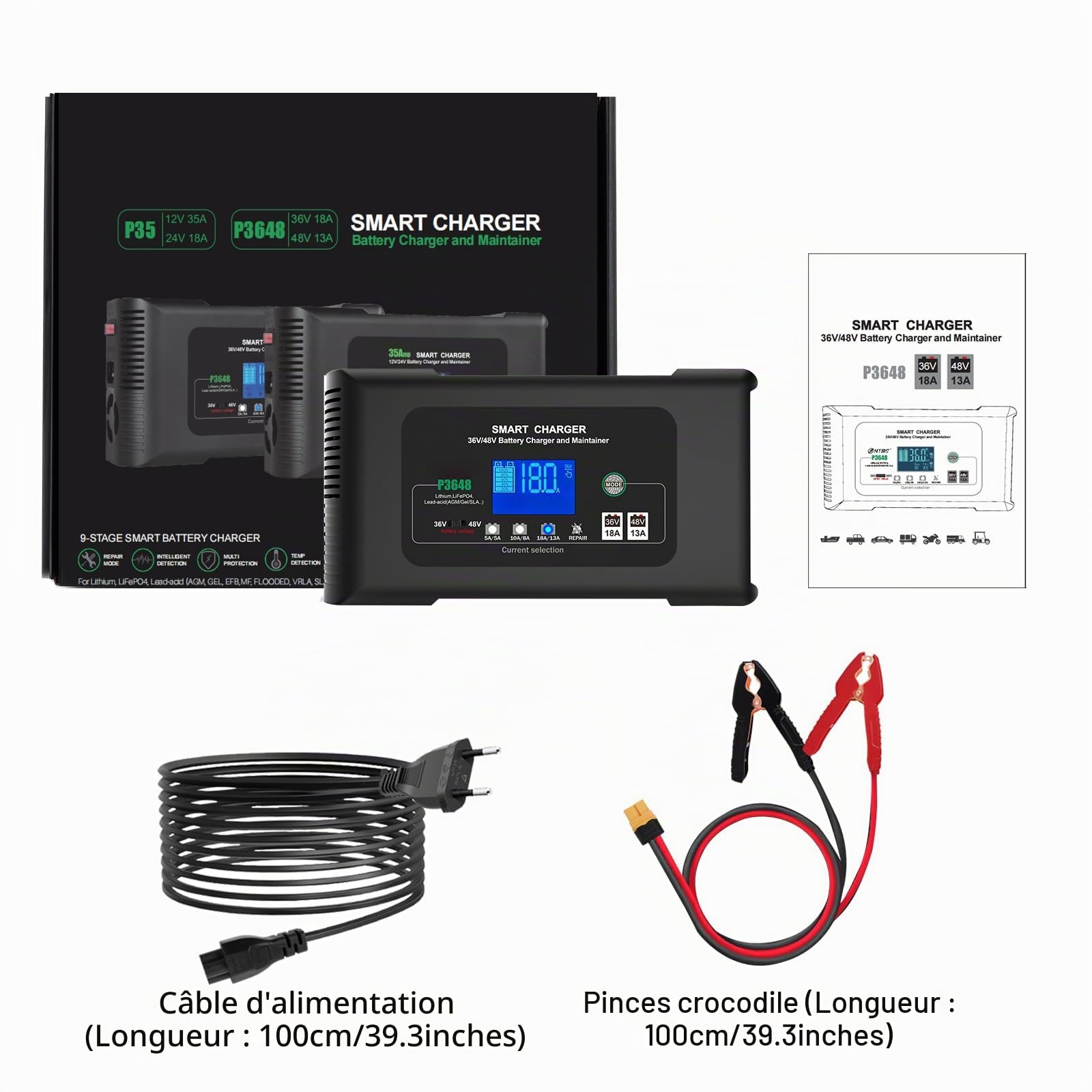 Haisito Chargeur de batterie de voiture P3648 36 V 18 A/48 V13 A turbulent intelligent pour batteries au lithium LiFePO4, batteries plomb-acide (AGM Gel MF, etc.), caravanes, motos, chariots de golf