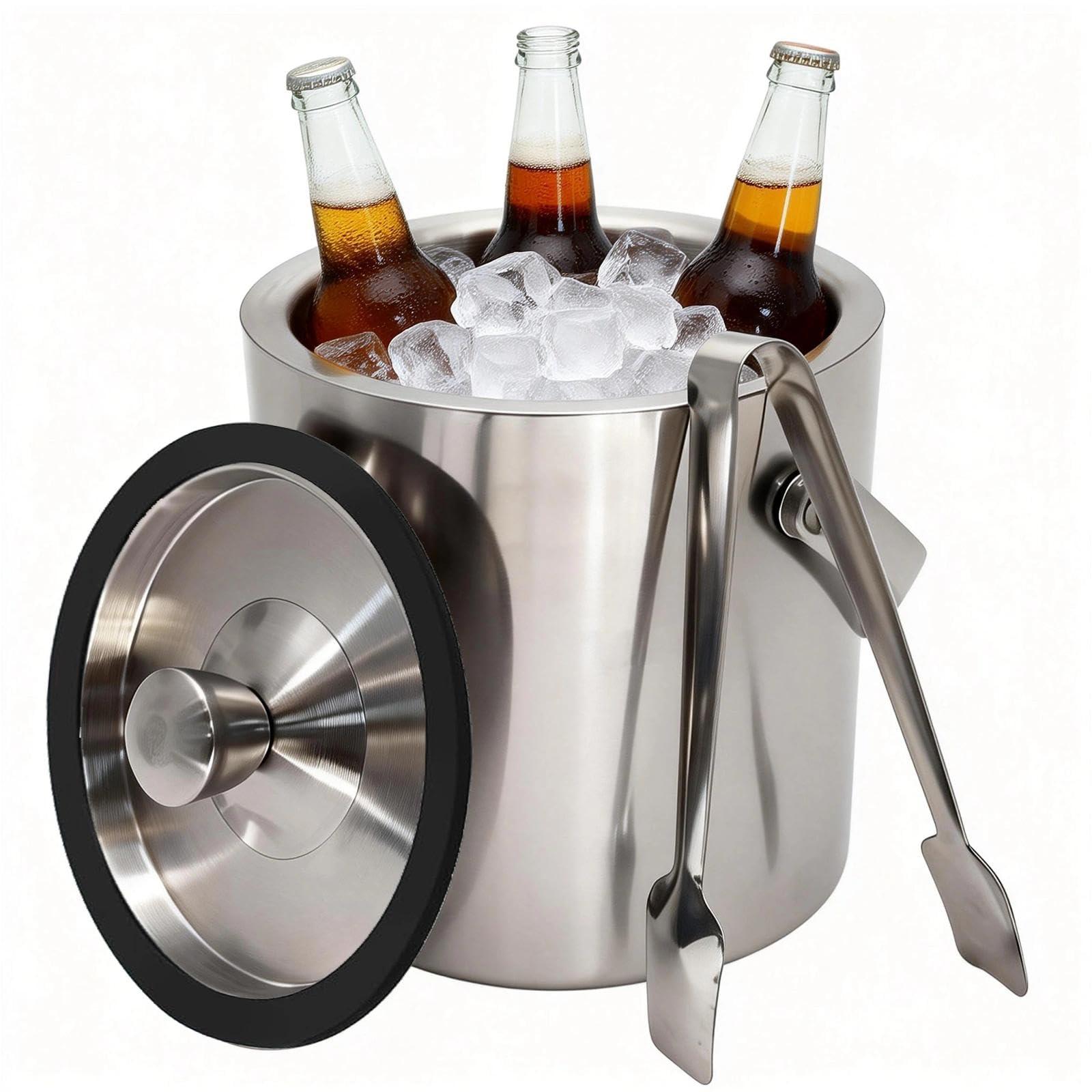 Seau à glaçons en acier inoxydable de 1,6 l - Double paroi - Avec couvercle - Passoire et pince - Passe au lave-vaisselle - Pour fêtes, jardin, barbecue, bière, vin, champagne
