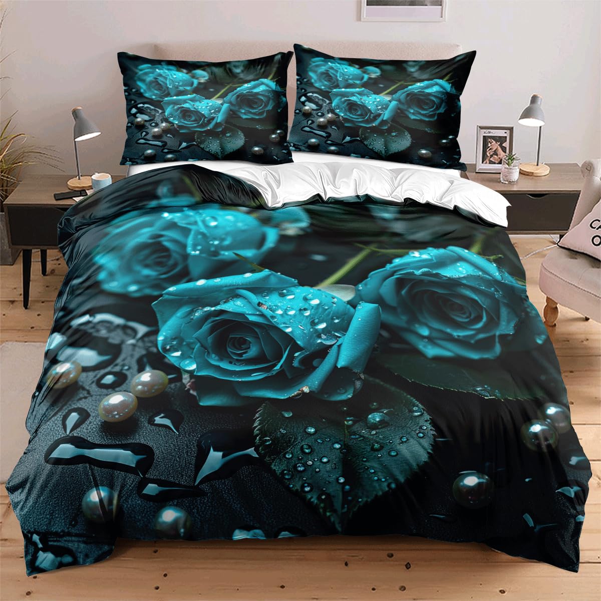 Ydtwnyq Black Setting Blue Floral Kids Teens Comforter Cover Sets Full Size Bedding Cover Set Cozy Vibrant Rose Pearl Dewdrops Pattern Microfiber Quilt Cover Set