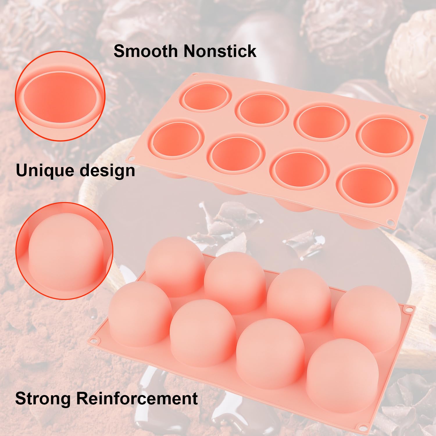 Nalchois Kugelförmige Silikonformen, 3D-Silikon-Backform für Mousse-Kuchen, Fondant, Seife und Eis, antihaftbeschichtet, leicht zu lösen, BPA-frei, Schokoladenformen, 8 Mulden