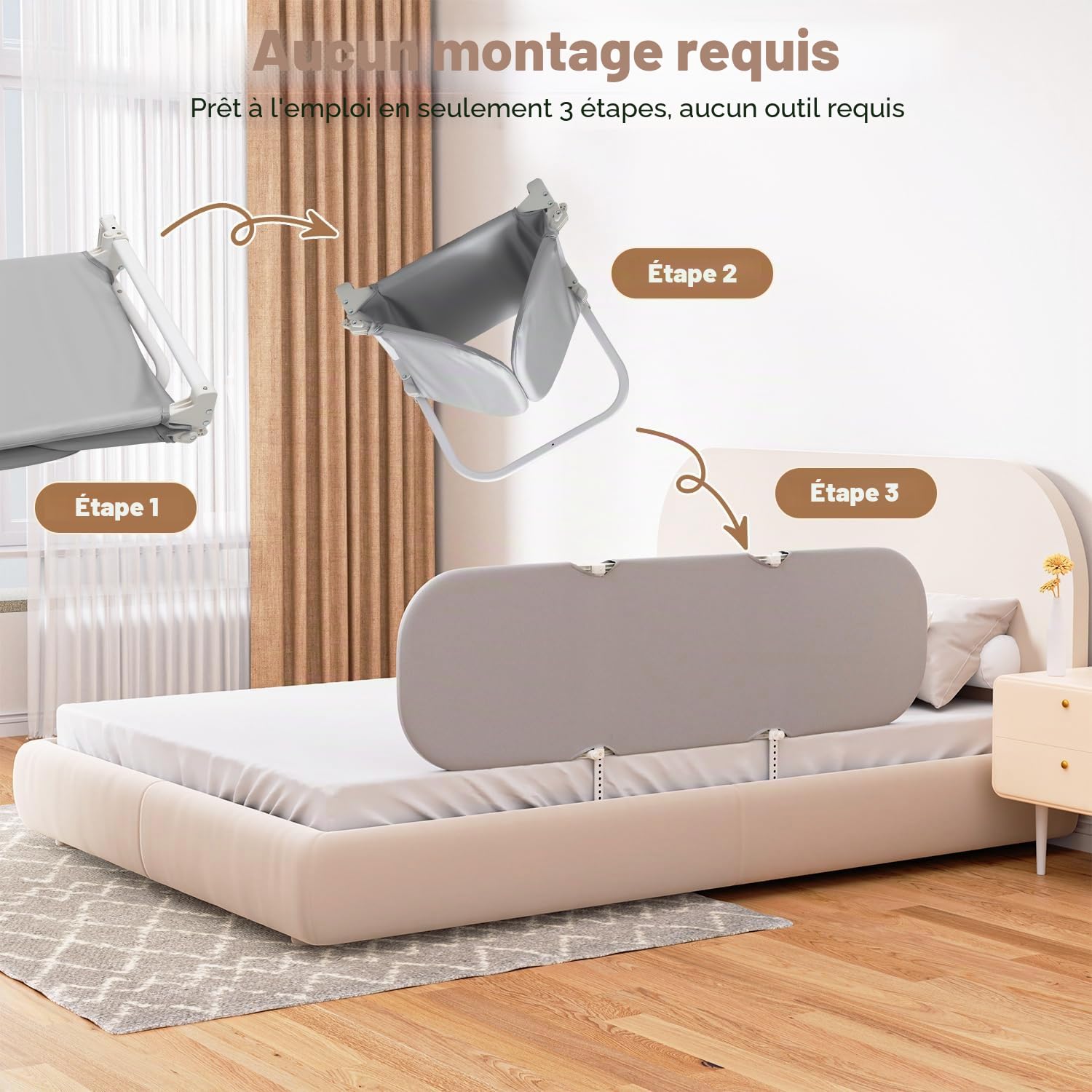 Eulenke - Barrière de lit - Réglable en hauteur - 150 cm - Protection anti-chute - Pliable - Barrière de protection de lit pour enfant - Portable - Installation simple - Gris