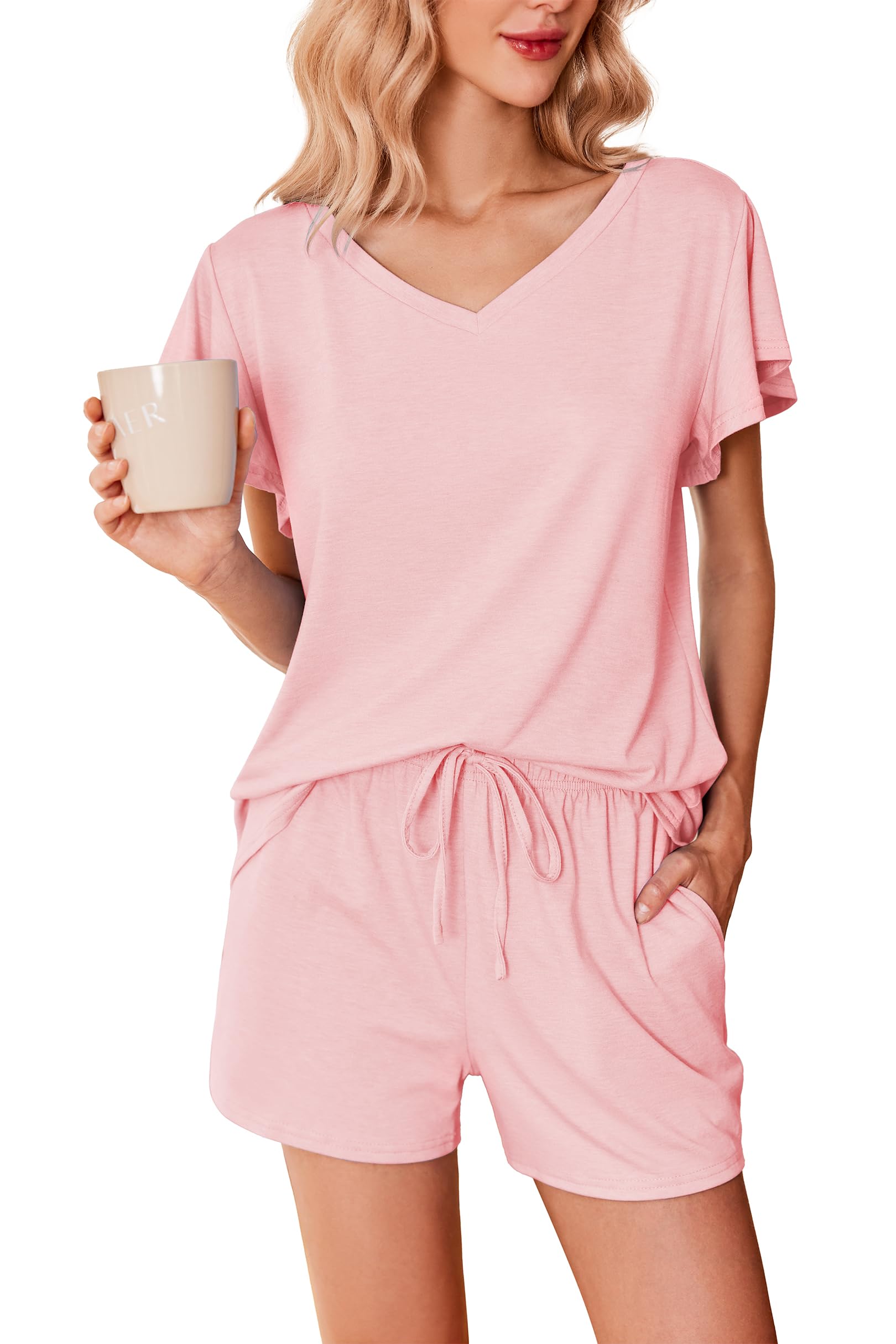 Ekouaer Women's Pajamas Set Ruffle Sleeves Sleepwear V Neck Comfy 2 Piece Pjs Loungewear Set with Pockets S-XXL