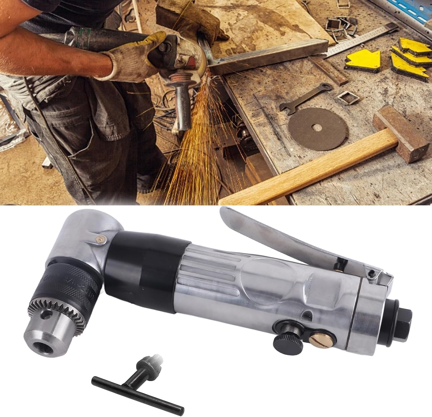 Pneumatic Drill, 90 Degree Air Angle Reversible Drill Pneumatic Drilling Super Power Tool with Wrench 3/8inch Chuck, Power Drill Drivers