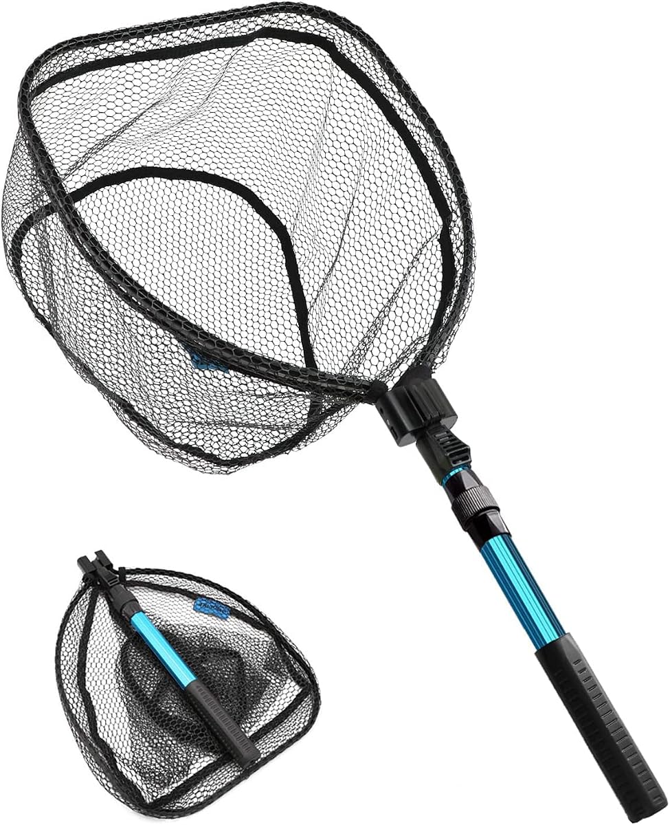 SANLIKE Collapsible Telescopic Fishing Net Rubber Coated Fresh/Salt Water | Rubber Coated Net, Aluminum Pole, Non-Slip Rubber Handle, One-click Storage, Belt Clip, Various Sizes