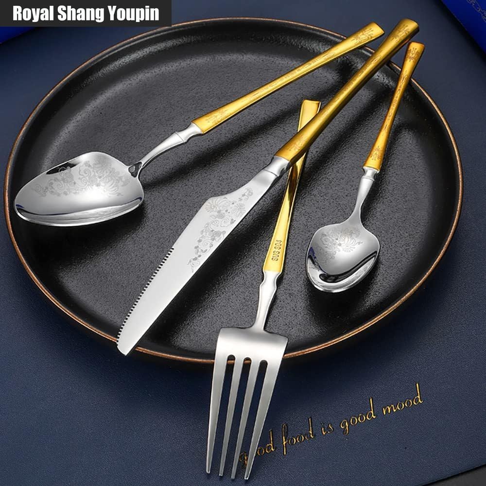 Creativo Vita Piccola Modello Laser Cucina in Acciaio Inox Posate Da Tavola Posate Set Di Posate Coltello Da Bistecca Forchetta Cucchiaio Cucchiaino (Oro argento,16 pezzi)
