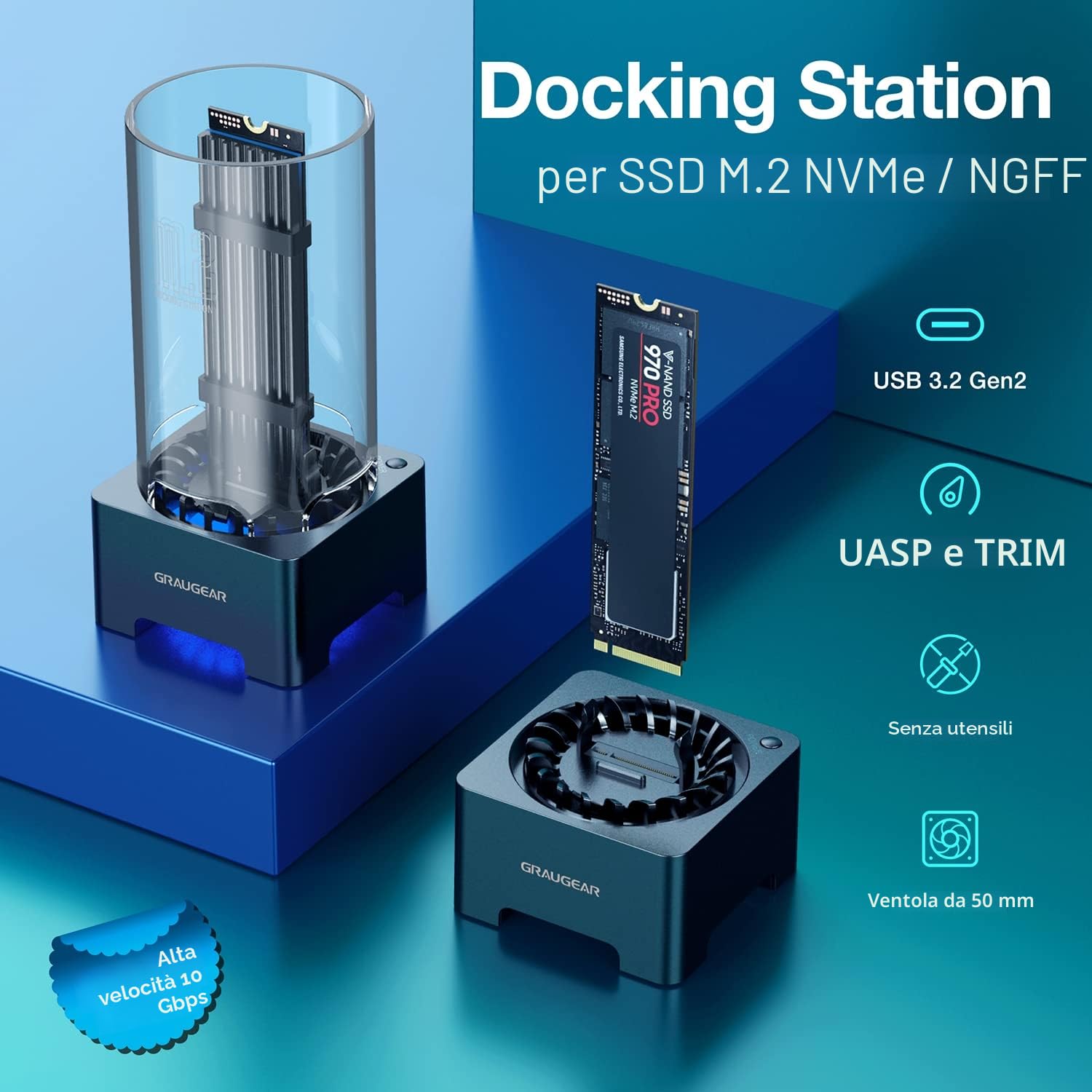 GRAUGEAR Docking Station per SSD M.2 NVMe & NGFF, RTL9210B, USB3.2 Gen2 10Gbps, Ventola Silenziosa 50mm, senza attrezzi