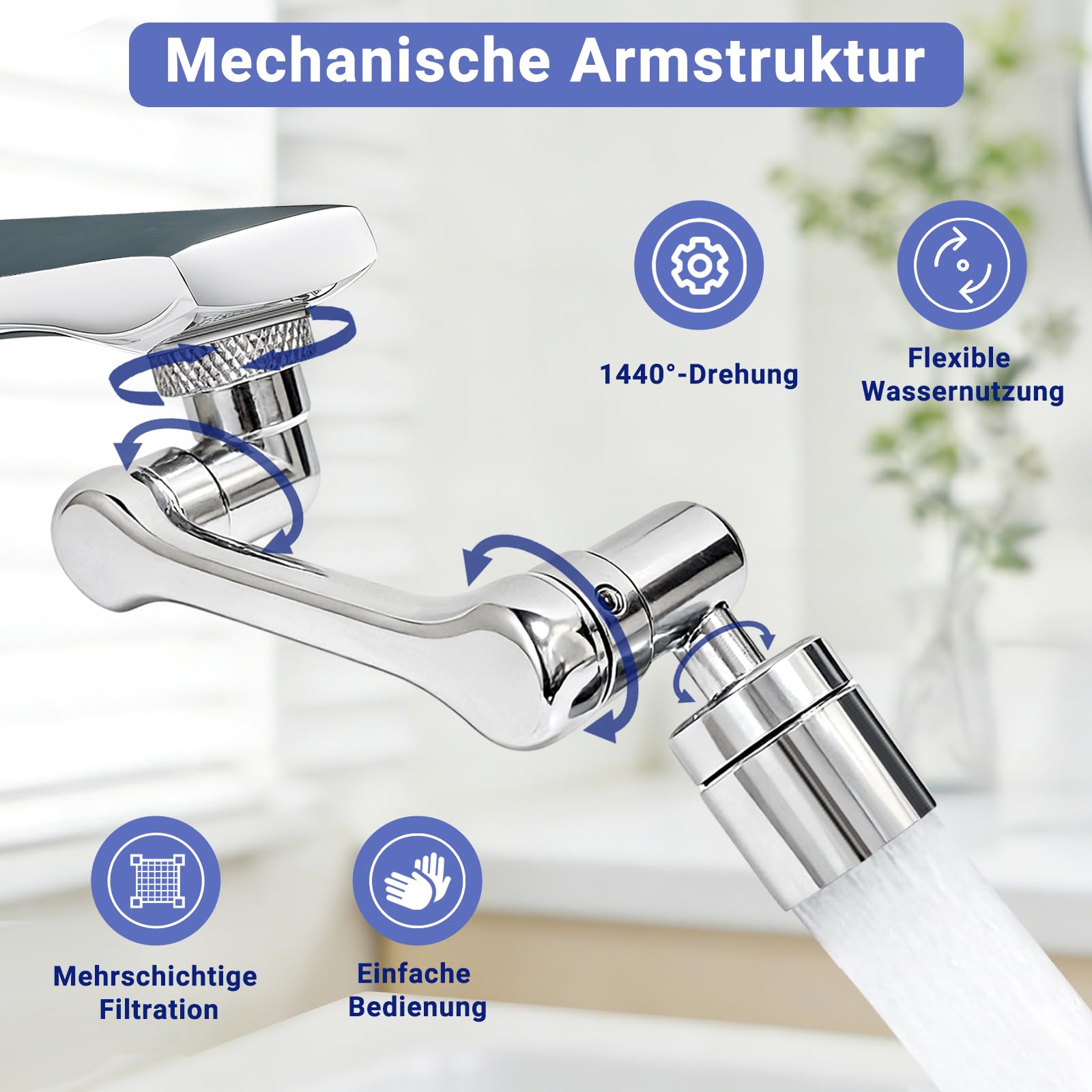 Longing Home 1080° Schwenkbarer Wasserhahn Aufsatz, 360° Kopf, 1 Stück | Robuste Drehbare Spülbecken Verlängerung Universeller Wasserhahn Verlängerung Drehbar Mit Sieb Für Küche Und Badezimmer