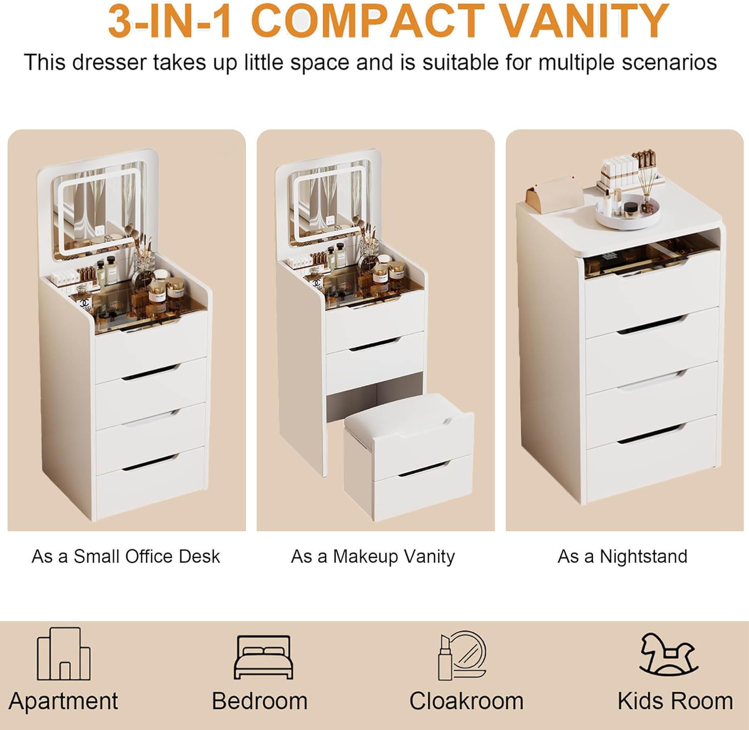 3 in 1 Compact Vanity Desk with Plip-up Mirror and Lights, Small Vanity with 3 Drawers, Makeup Desk with Storage Chair, Multifunction Makeup Desk with Visible Glass Desktop, White (Medium-Widen)