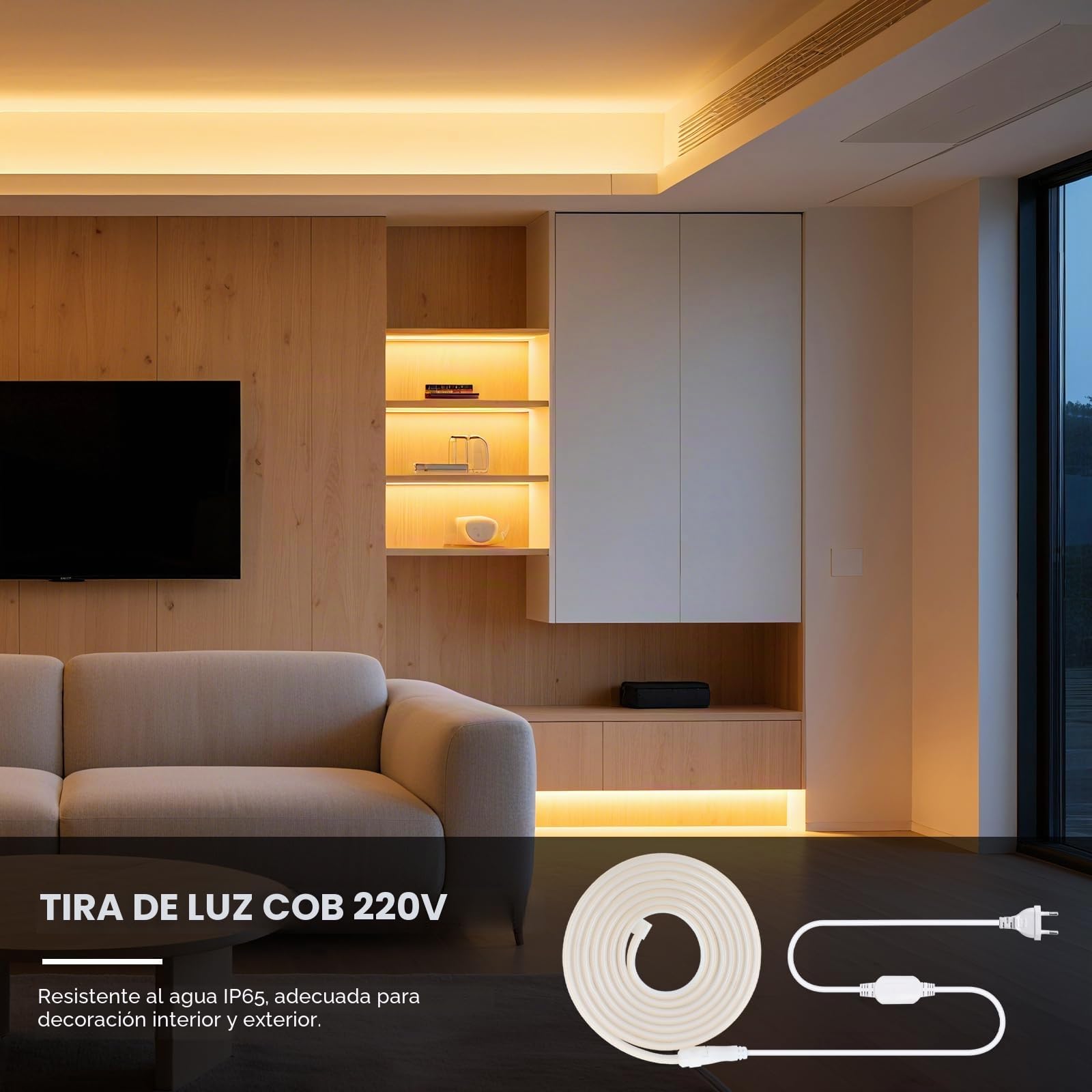 220V COB LED tira de neón，30m luz blanca 6000K，Recortable, impermeable y flexible，Diseño DIY，Ideal para decorar dormitorios, salones, salas de juegos, cocinas y tiendas