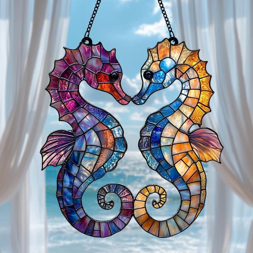Seahorse Acrylic Suncatcher - Faux Stained Glass Indoor Window Hanging Ornament, Outdoor Sun Catcher Panel, Home Decor Gift for Sea Creature Lovers