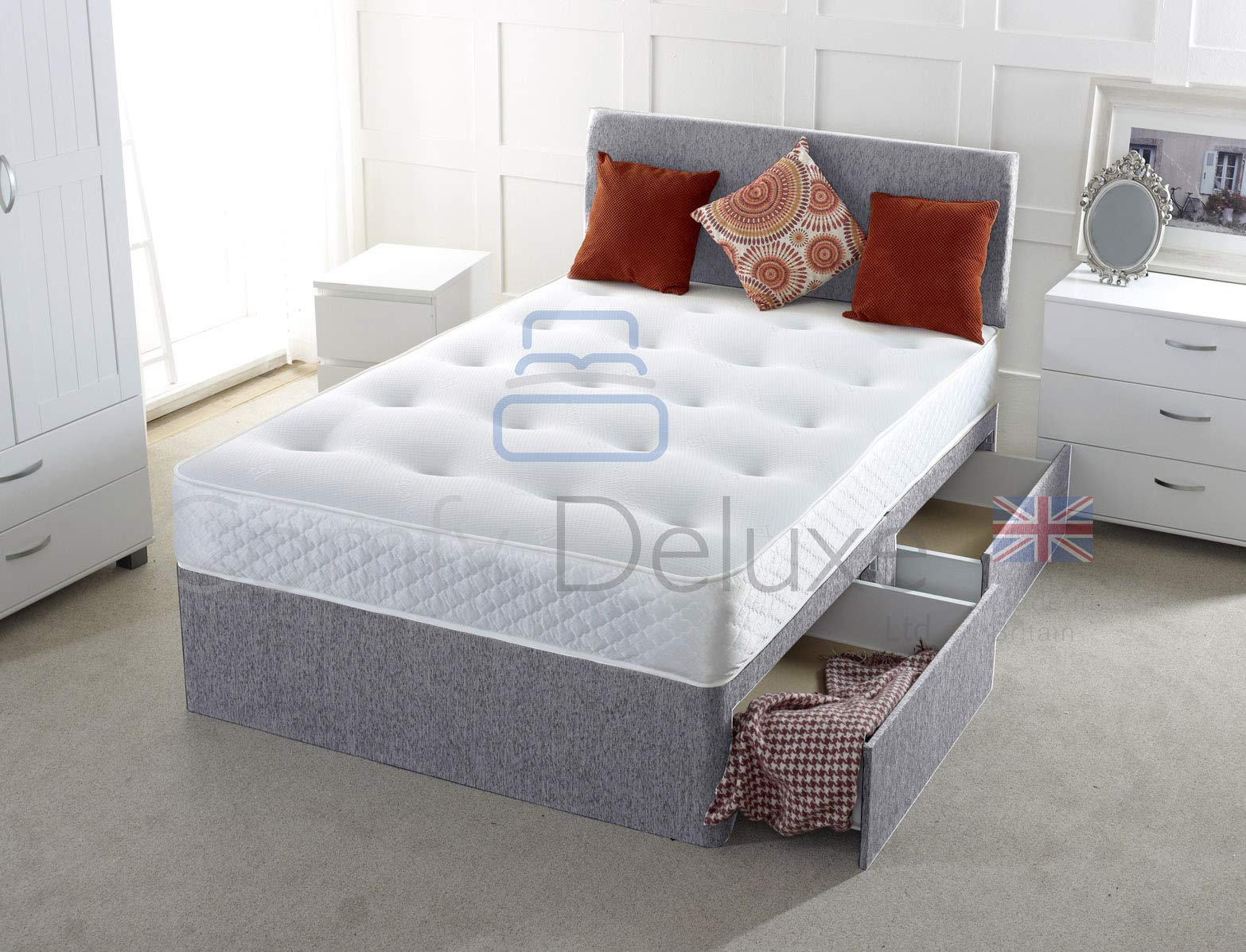 2FT6 3FT Chenille Fabric Divan Bed with Mattress | Free HEADBOARD | Storage Drawers by Comfy Deluxe LTD (Silver, 2FT6 2 Drawers)