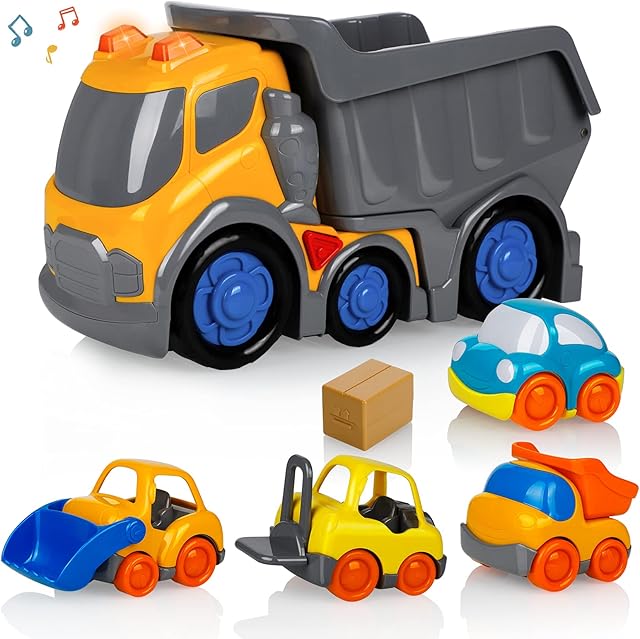 Car Toys for 2 3 4 5 Years Old Toddlers Boys and Girls,12 Big Dump Truck with Light and Sound, Push and Go Small Bulldozer Forklift Truck, Vehicles Playset for Christmas Birthday Gift
