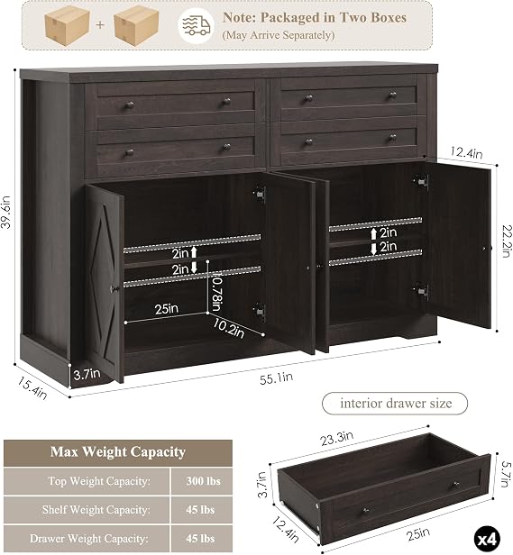 HOSTACK 55 Coffee Bar with 4 Large Drawers, 40 Tall Buffet Cabinet with Storage, Kitchen Storage Cabinet, Modern Farmhouse Sideboard Buffet, Adjustable Shelves for Living Room, Dark Brown