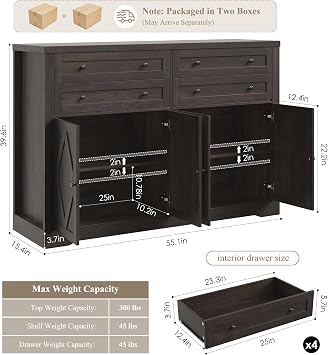 HOSTACK 55 Coffee Bar with 4 Large Drawers, 40 Tall Buffet Cabinet with Storage, Kitchen Storage Cabinet, Modern Farmhouse Sideboard Buffet, Adjustable Shelves for Living Room, Dark Brown