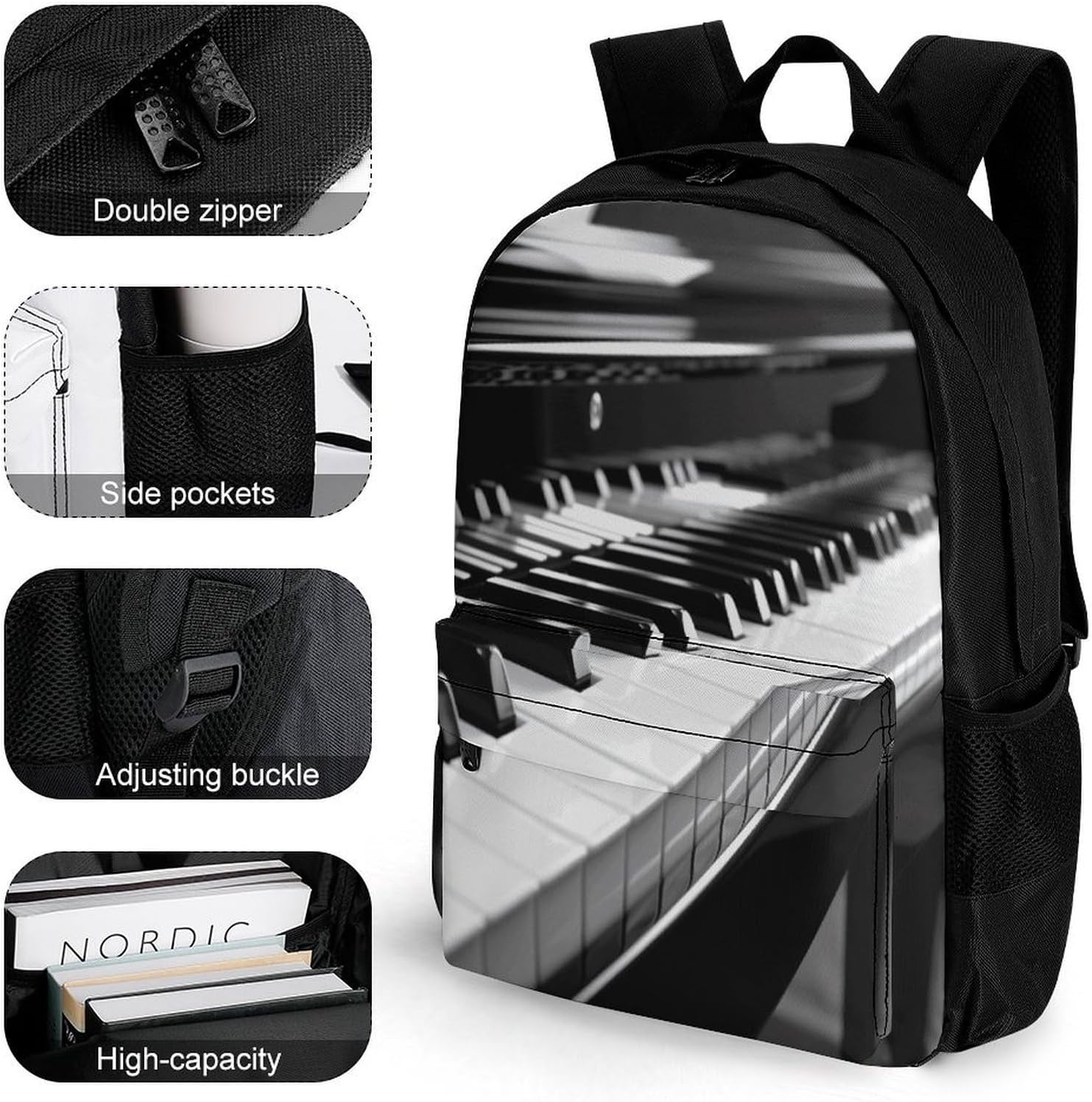 Black White Piano Keyboard Backpack Daypack Travel Backpack | Lightweight Casual Laptop Backpack for Women Men Aesthetic Travel Bag for Weekender Business Hiking Outdoor