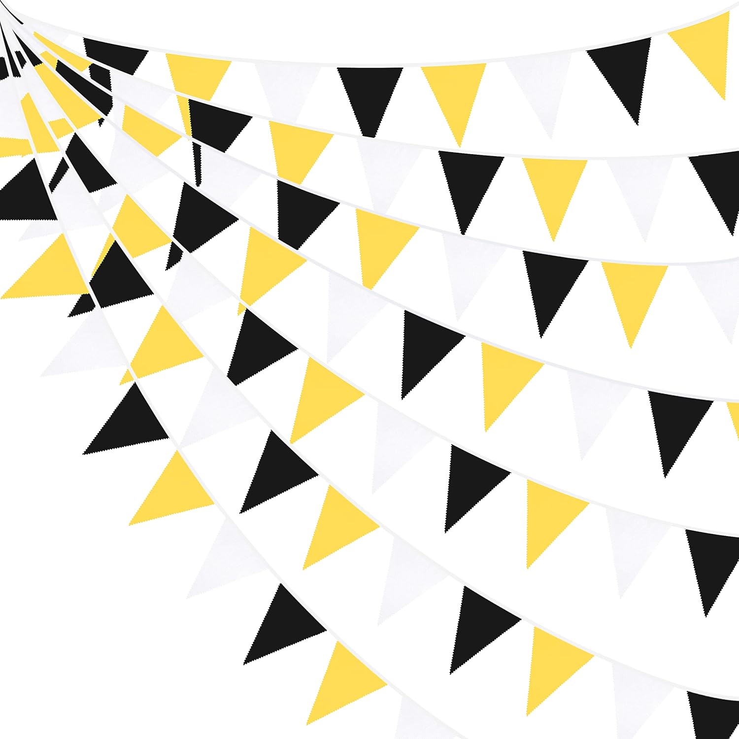 10M/32.8Ft Fabric Bunting Banner Yellow Black White Bunting Party Decorations Cotton Triangle Flag Garland Reusable Pennant for Graduation Birthday Bee Theme Outdoor Garden Wedding Festivals Parties