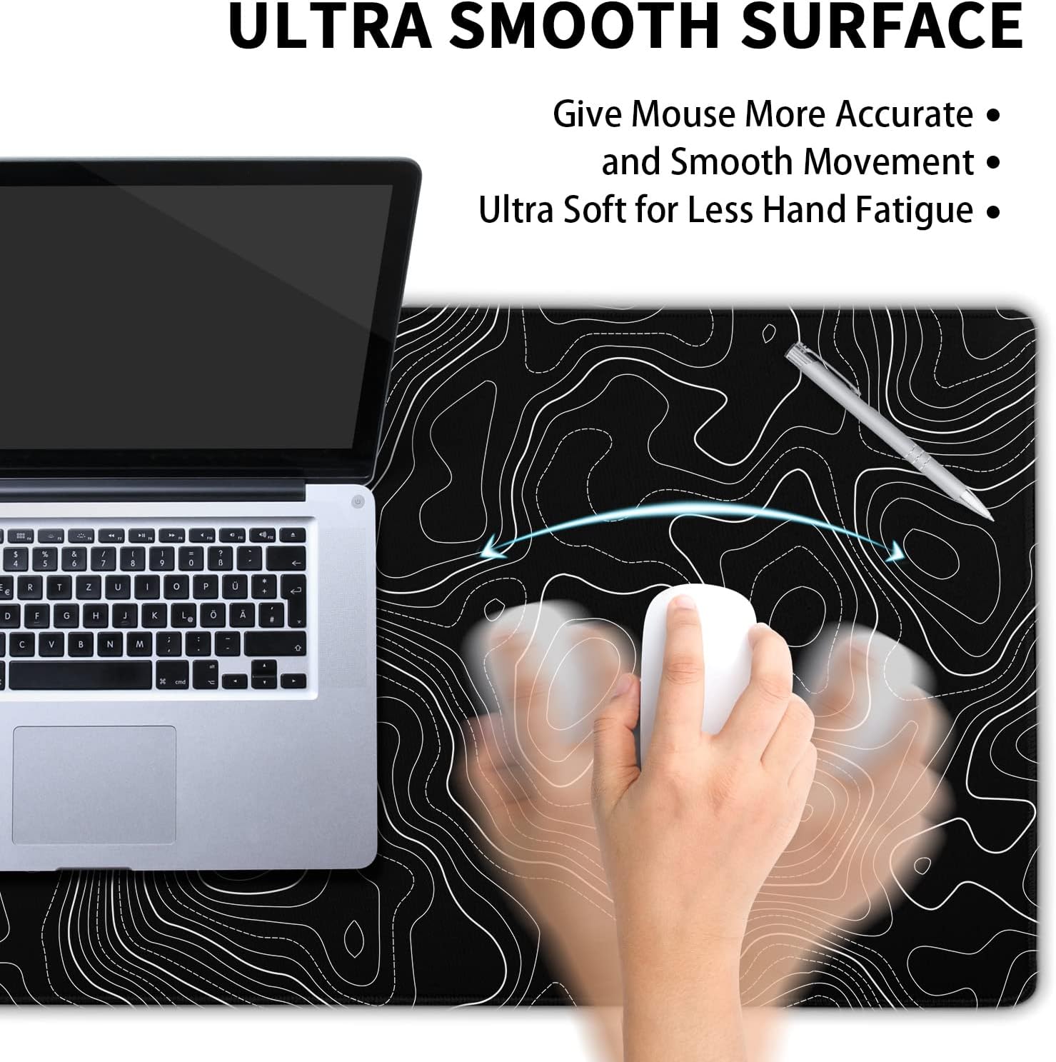 Topographic Contour Black Gaming Mouse Pad XL Topo Geographic Map Lines Extended Large Mouse Pad Big Desk Mat Non-Slip Rubber Base Stitched Edge Long Keyboard Playmat for Desk Computer,31.5×11.8 in - Image 4