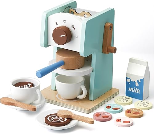 Cafetera de juguete para niños con molinillo, juego de 15 piezas de cafetera de madera, juguetes de madera para niños, accesorios de cocina, regalo