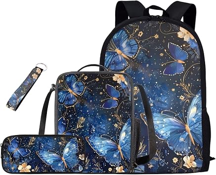 Blue Butterfly School Backpack Set for Girls 4Pcs Kids Backpack for Girls with Lunch Box Pencil Case with Keychain School Backpacks Cute Book Bag for Girl Kid Students Elementary School