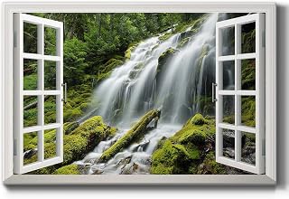 Renditions Gallery Canvas Nature Wall Art Paintings & Prints Artwork Scenic Green Waterfall Modern Window View Romantic Wall Hanging Decorations for Bedroom Office Kitchen - 12"x18" LT21