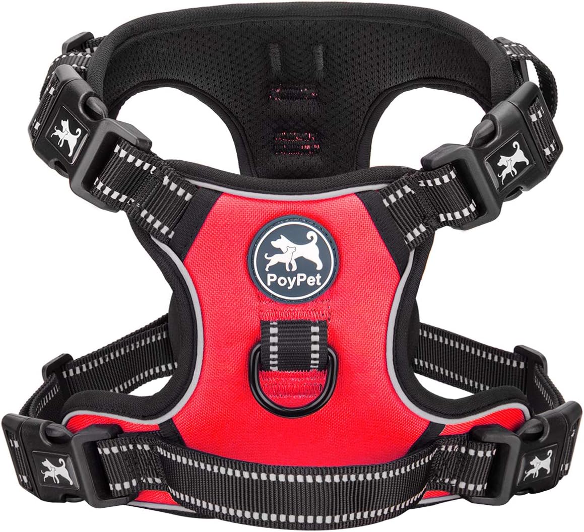 PoyPet 2019 Upgraded No Pull Dog Harness with 4 Snap Buckles, 3M Reflective with Front & Back 2 Leash Hooks and an Easy Control Handle [NO Need Go Over Dog’s Head (Red,M)